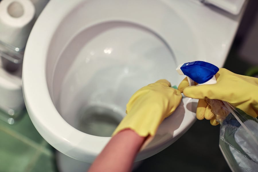 hand with detergent cleaning toilet