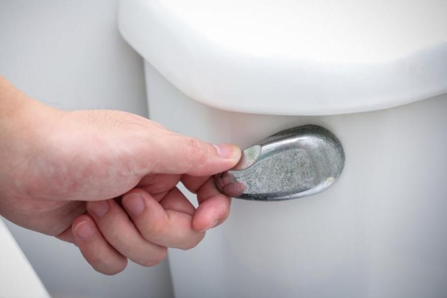 pressing toilet flush handle