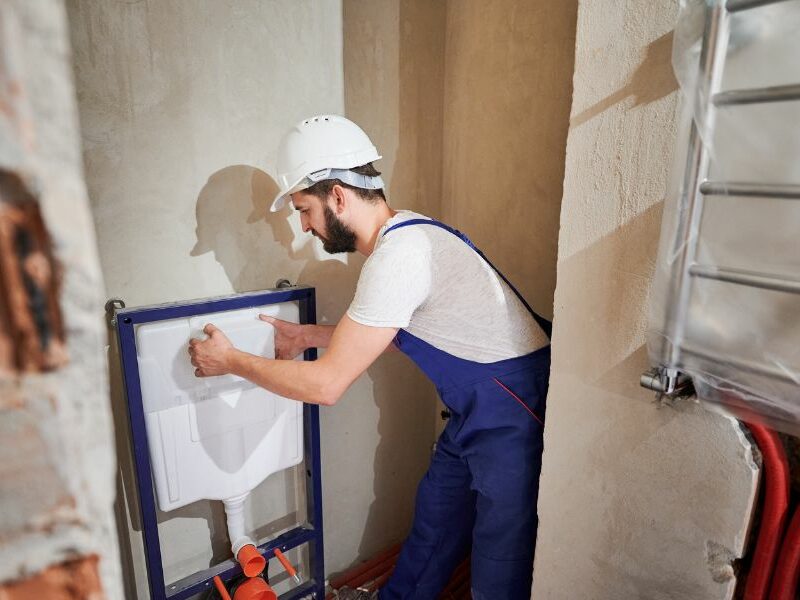 plumber installing wall hung toilet system